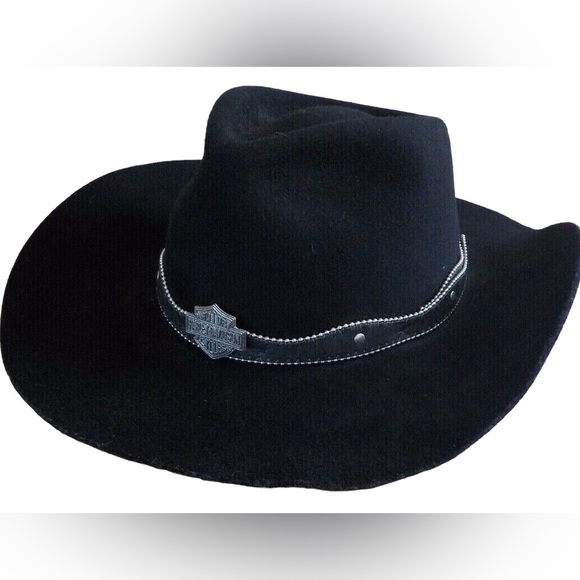 Harley Davidson Vintage 1990 Felt Wool Black Cowboy/ Western Hat Size Medium - Picture 2 of 9